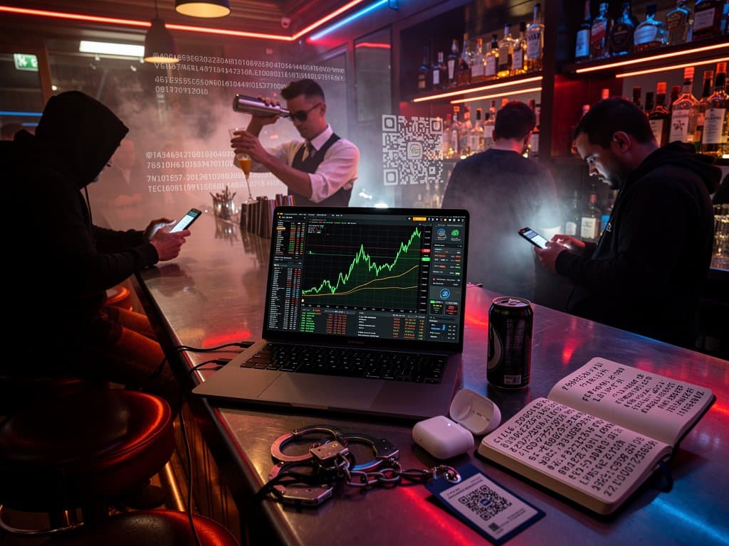 Crypto-Charts und Handschellen in neonbeleuchteter Bar, BTC bei 78k USD, Warnung vor Geldwäsche
