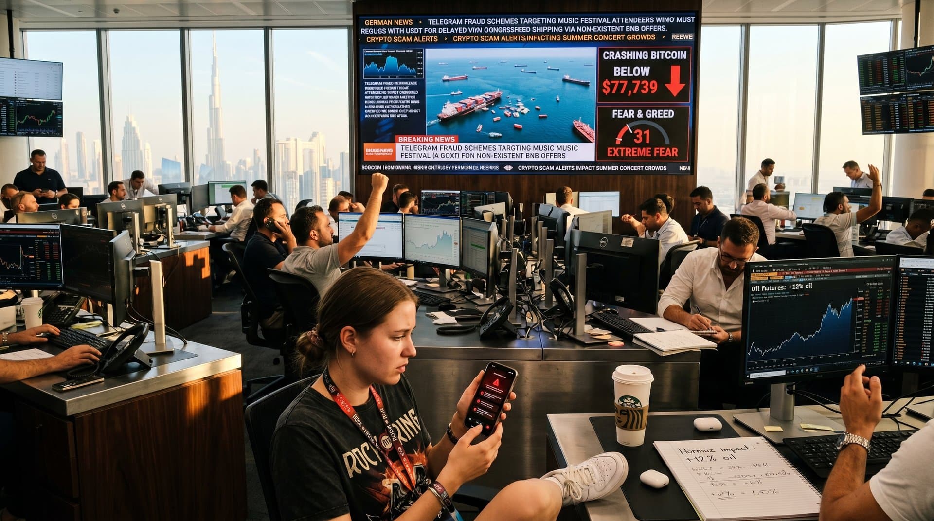 Hormuz-Krise-Charts mit Crypto-Scams und Festival-Symbolen