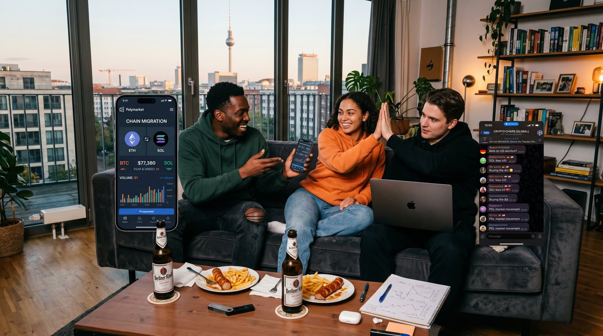 Junge Freunde in WG mit Polymarket-Charts auf Handys, Crypto-Wetten und globale Chats