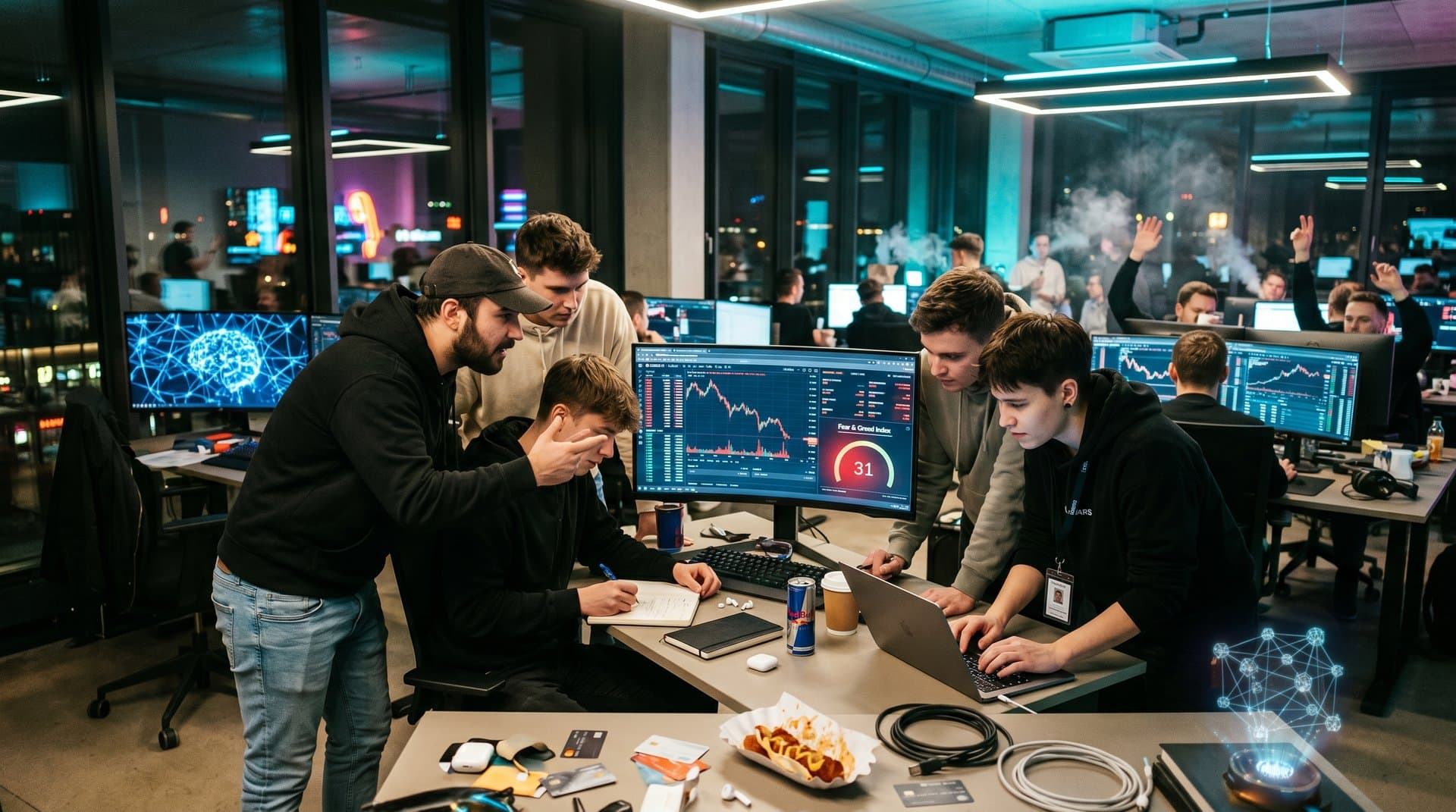 Crypto-Trading-Szene mit Fear Index 31, Bitcoin-Charts bei 77.290 USD und AI-Elementen in neonrotem Berlin-Club-Vibe