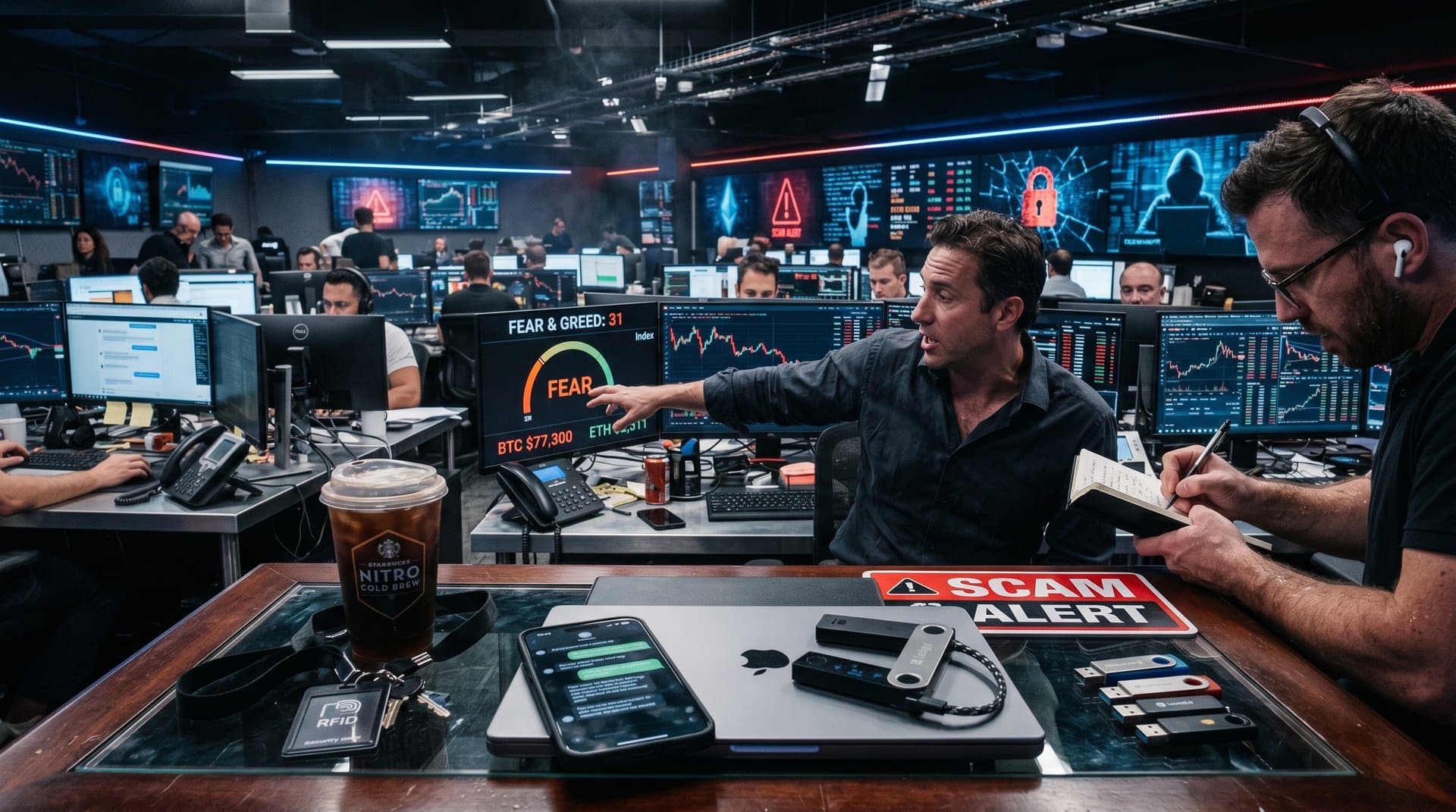 Trading-Screen mit Fear Index 31, Chatbot-App und Security-Elemente auf Schreibtisch