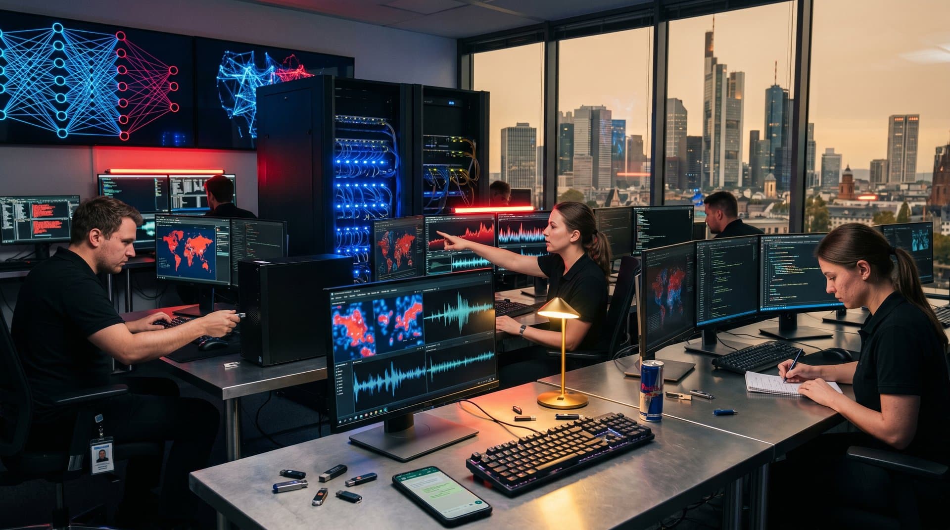 Cybersecurity-Control-Room mit Phishing-Heatmaps, Deepfake-Analysen und Crypto-Preis-Charts auf Monitoren