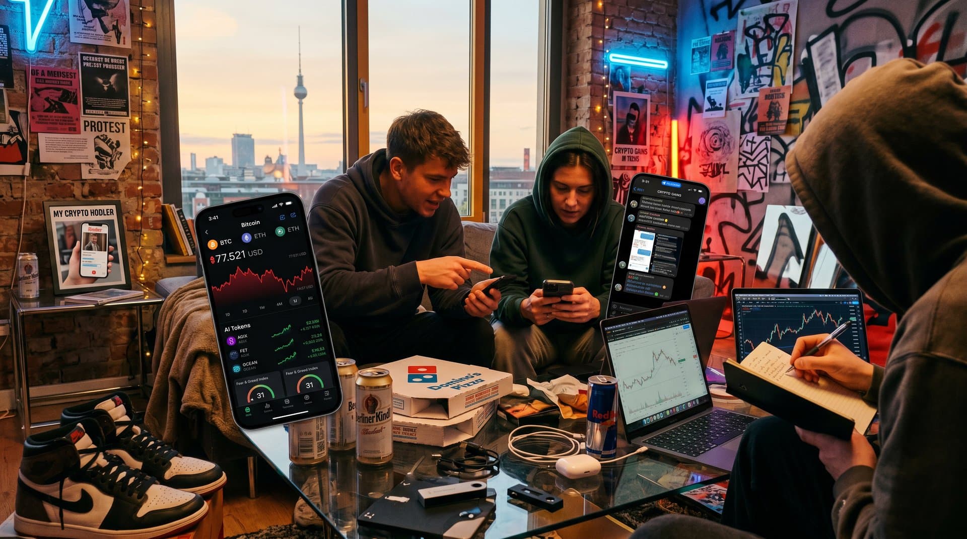 Crypto-Charts und Tinder-Flex in Berliner WG-Szene mit FOMO-Stimmung