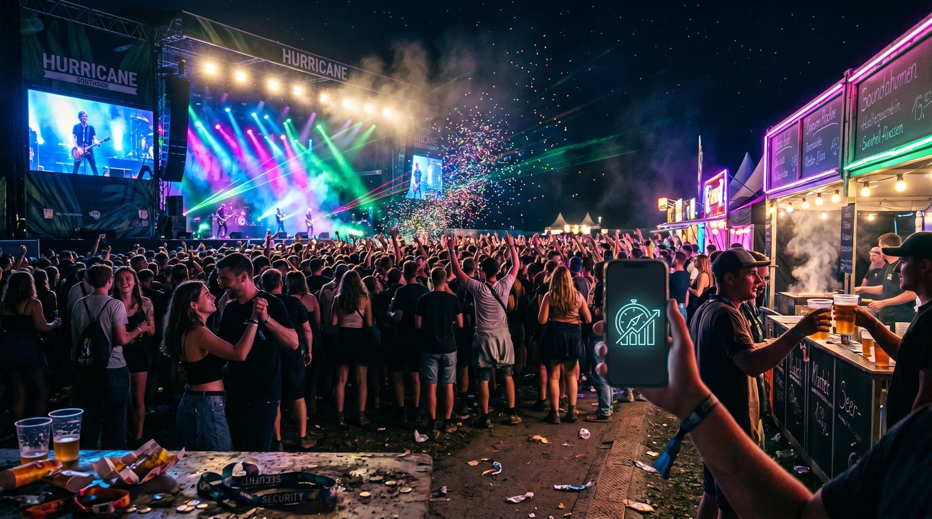 Junge Leute auf Festival mit AI-Smartphone und Party-Atmosphäre