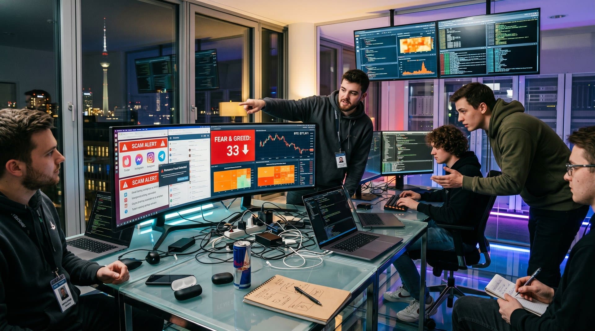 Cyber-Center mit Monitoren zu Romance- und Crypto-Scams, Fear & Greed Index und BTC-Preisen