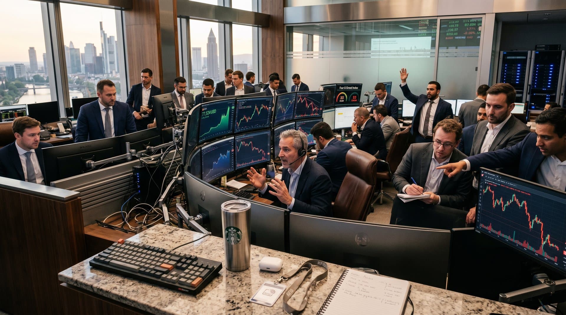 Trading-Raum mit Krypto-Charts, Fear & Greed Index 33, Frankfurt Skyline