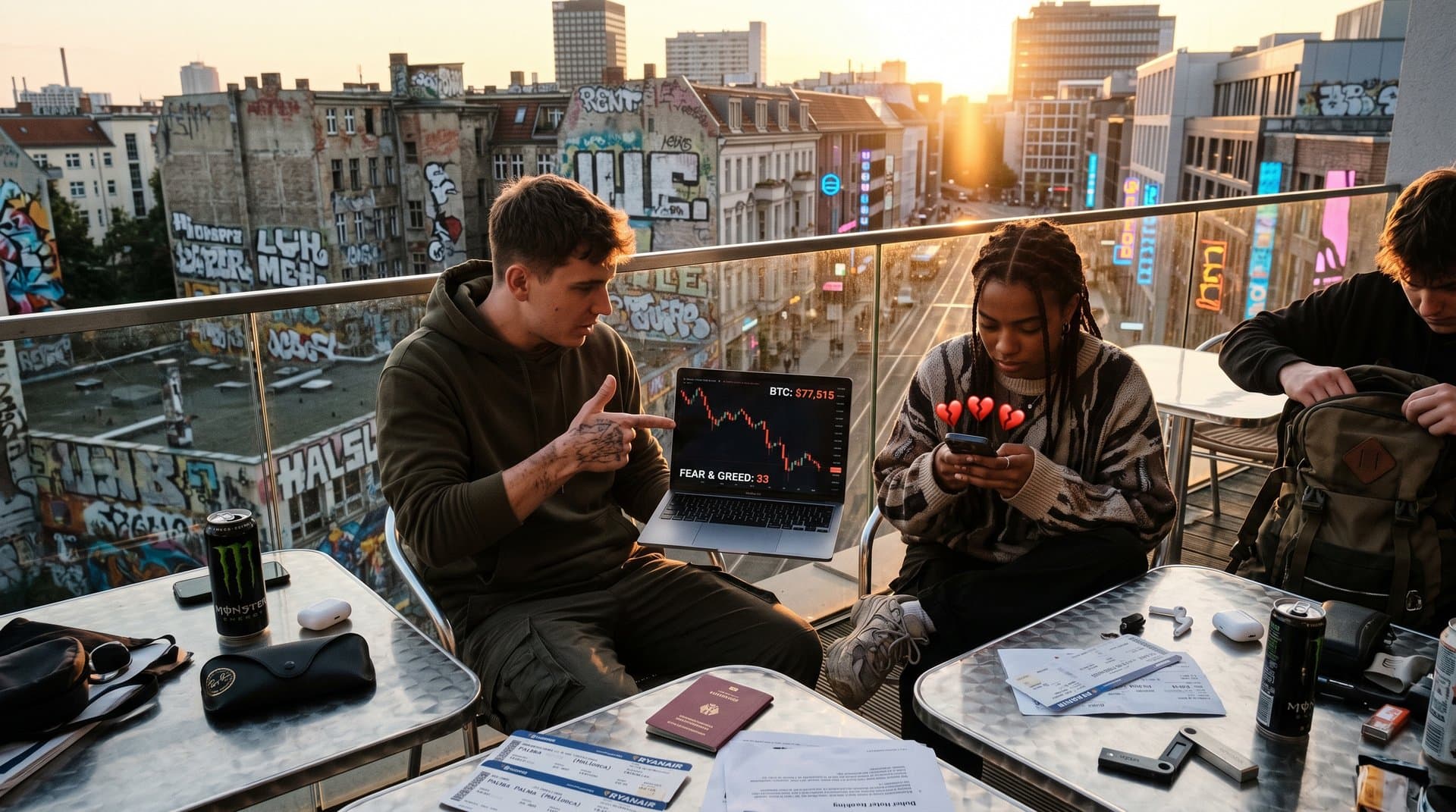 Junge Leute streiten über AI-Krypto-FOMO mit Reisetickets und Charts im Hintergrund