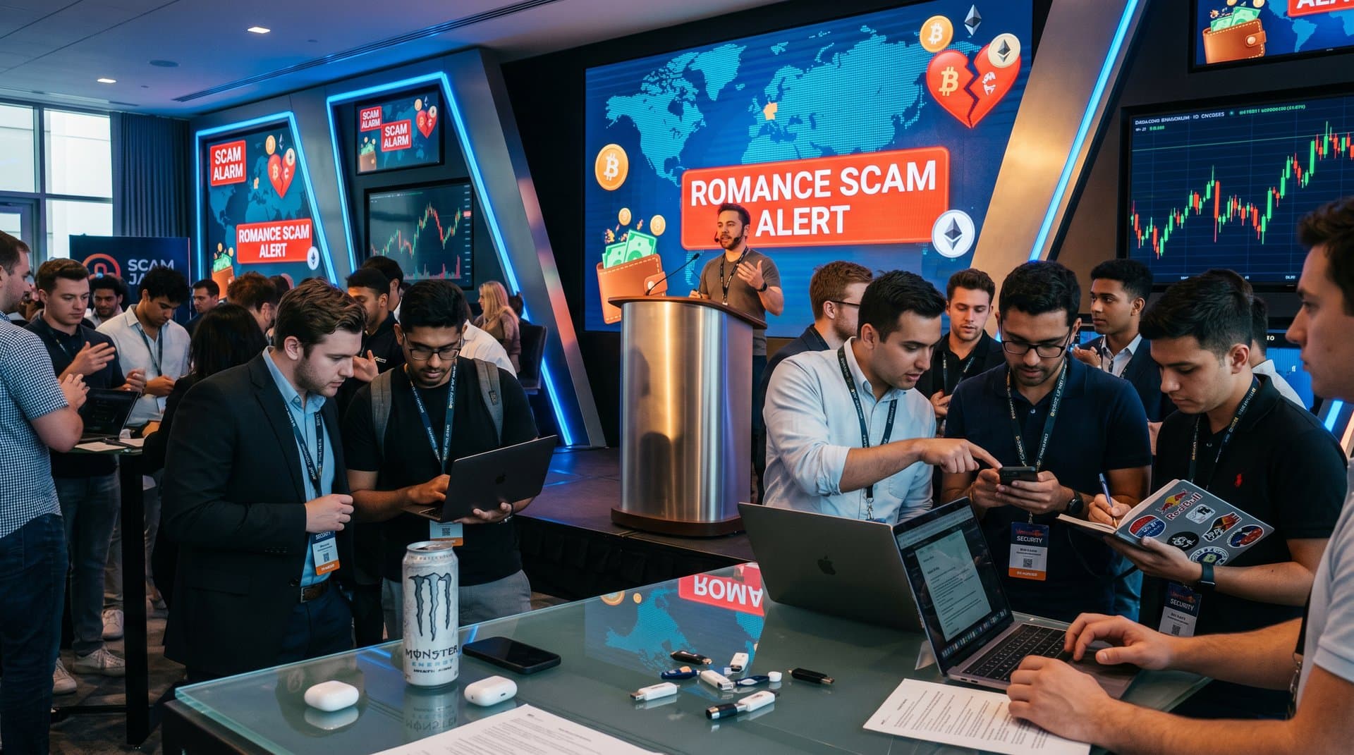 Cybersecurity-Event Scam Jam Fairfax mit Krypto-Scam-Alarmen und Blockchain-Grafiken