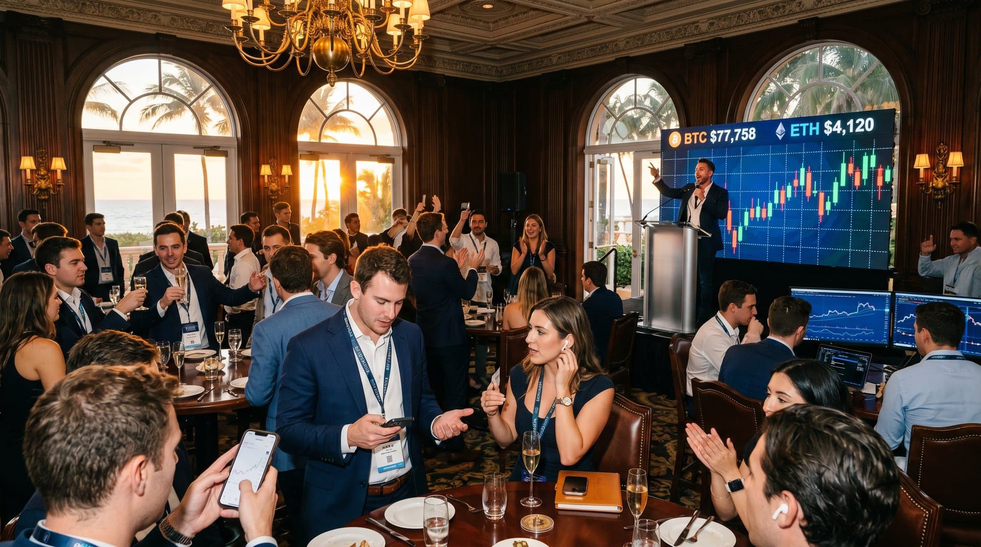 Luxuriöser Mar-a-Lago Ballroom mit Crypto-Charts, Champagner und jungen Hustlern bei Trump Event