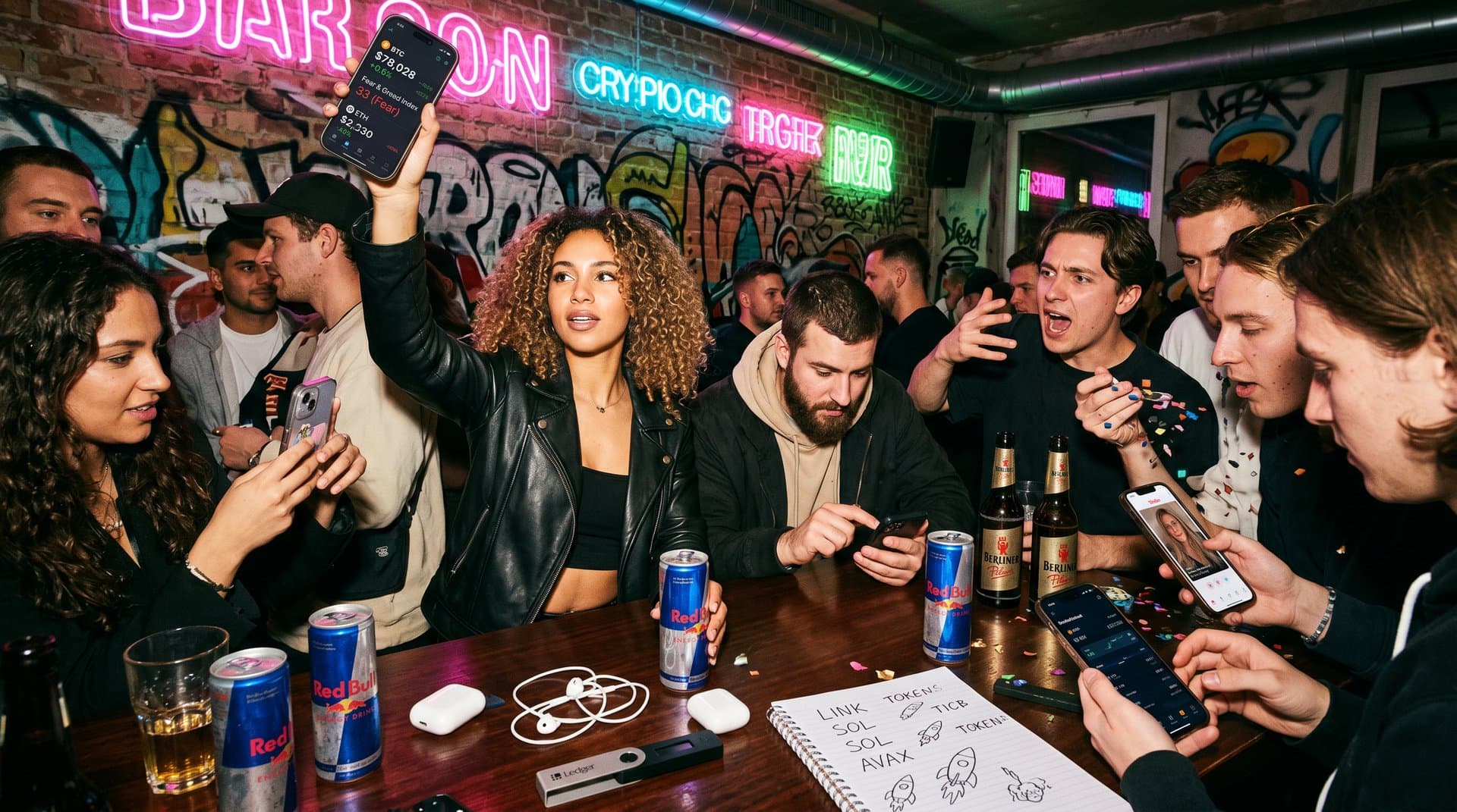 Berliner Jugend um Crypto-Charts auf Handys in Bar, Fear & Greed 33, Party-Atmosphäre