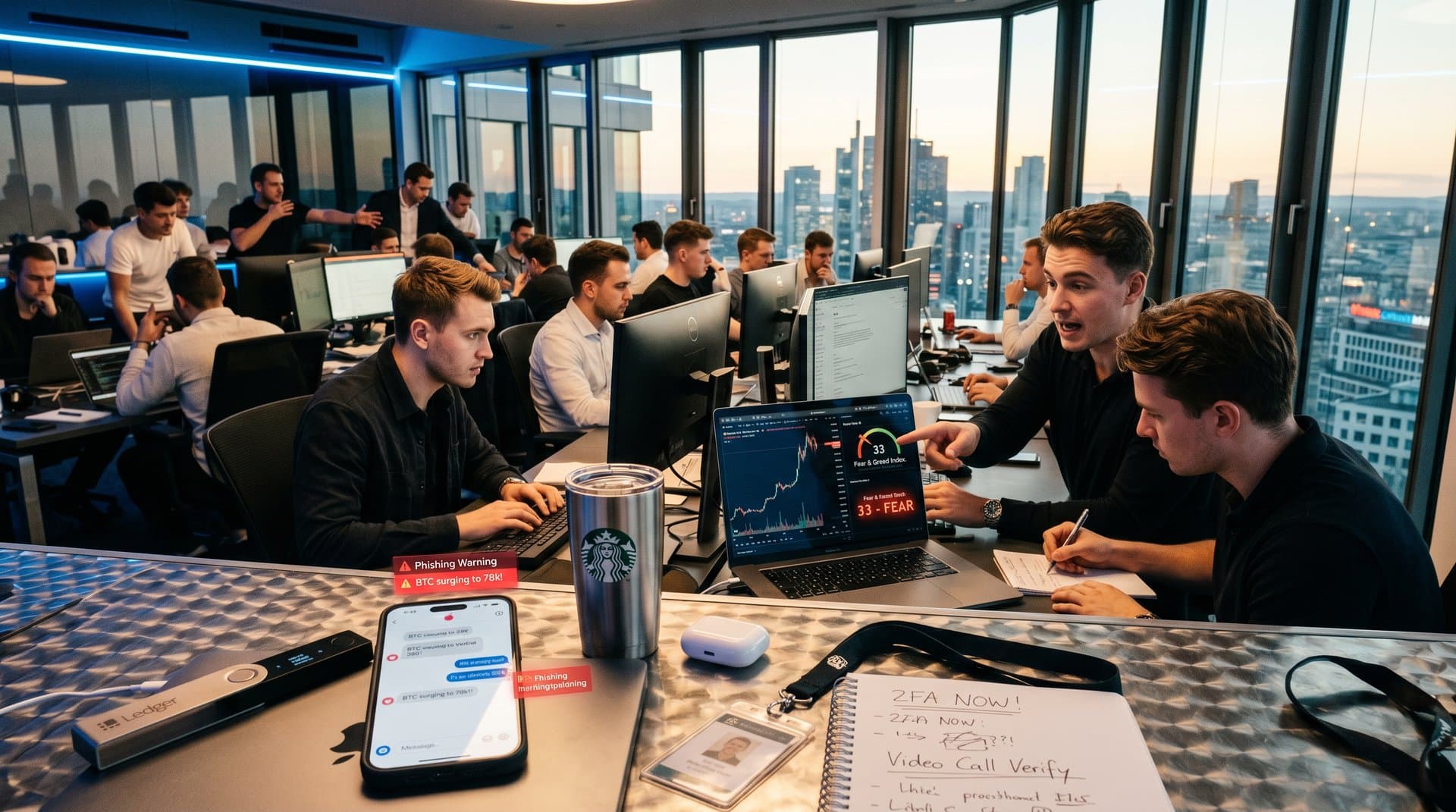 Junge Erwachsene checken Scam-Alerts und Krypto-Charts in modernem Büro mit Wallets und Dating-Apps