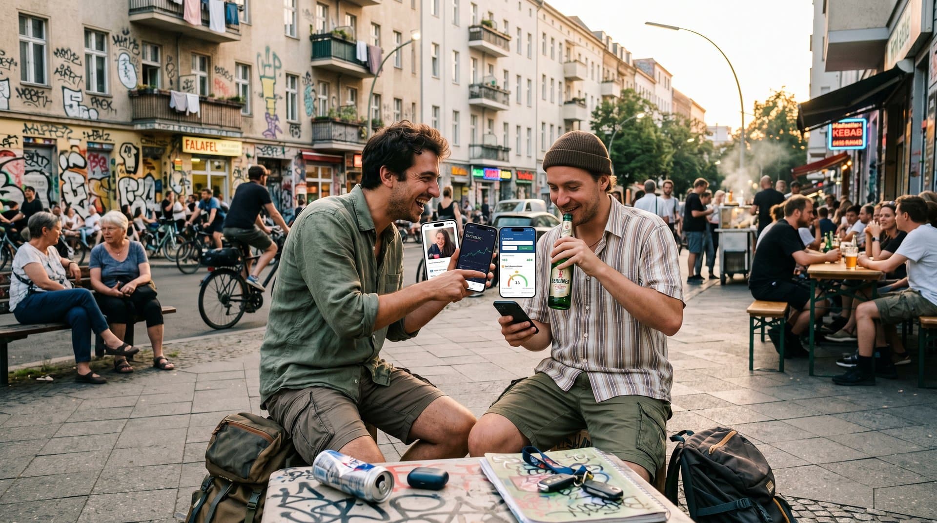 Junge Deutsche mit Smartphones: Tinder, Krypto-Charts BTC 78.100 USD und Reisen in Berliner Street-Scene