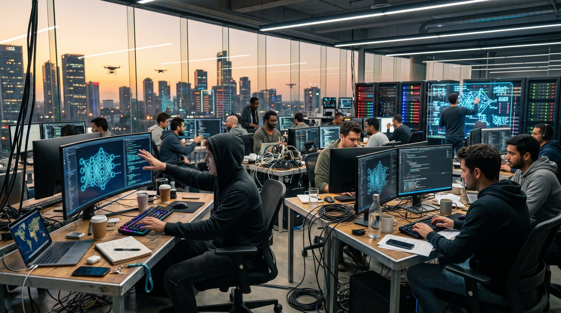 Abstraktes High-Tech-Lab mit KI-Visualisierungen, Monitoren, Servern und Skyline – Symbol für AI Growth Stocks Innovation