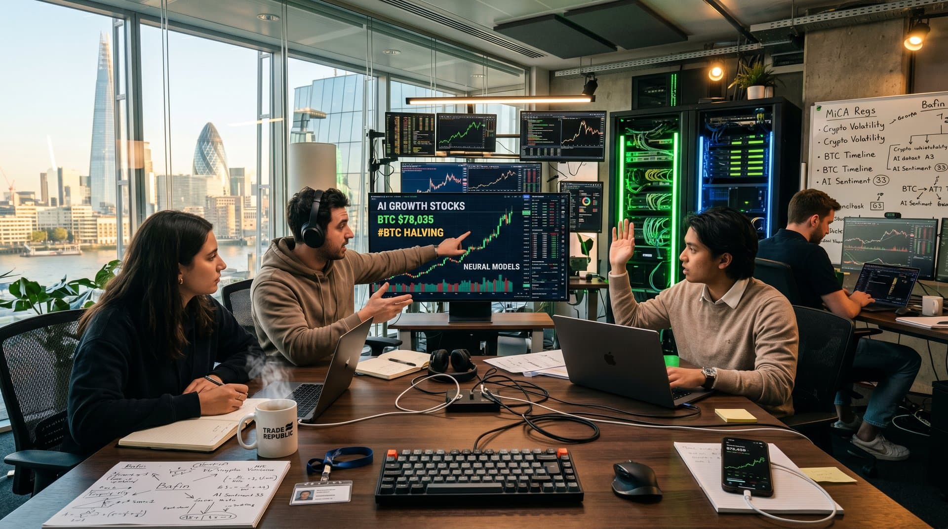 Junges Team in modernem AI-Labor analysiert Aktienkurse, BTC und AI-Grafiken vor Monitoren in hellem, techigen Raum