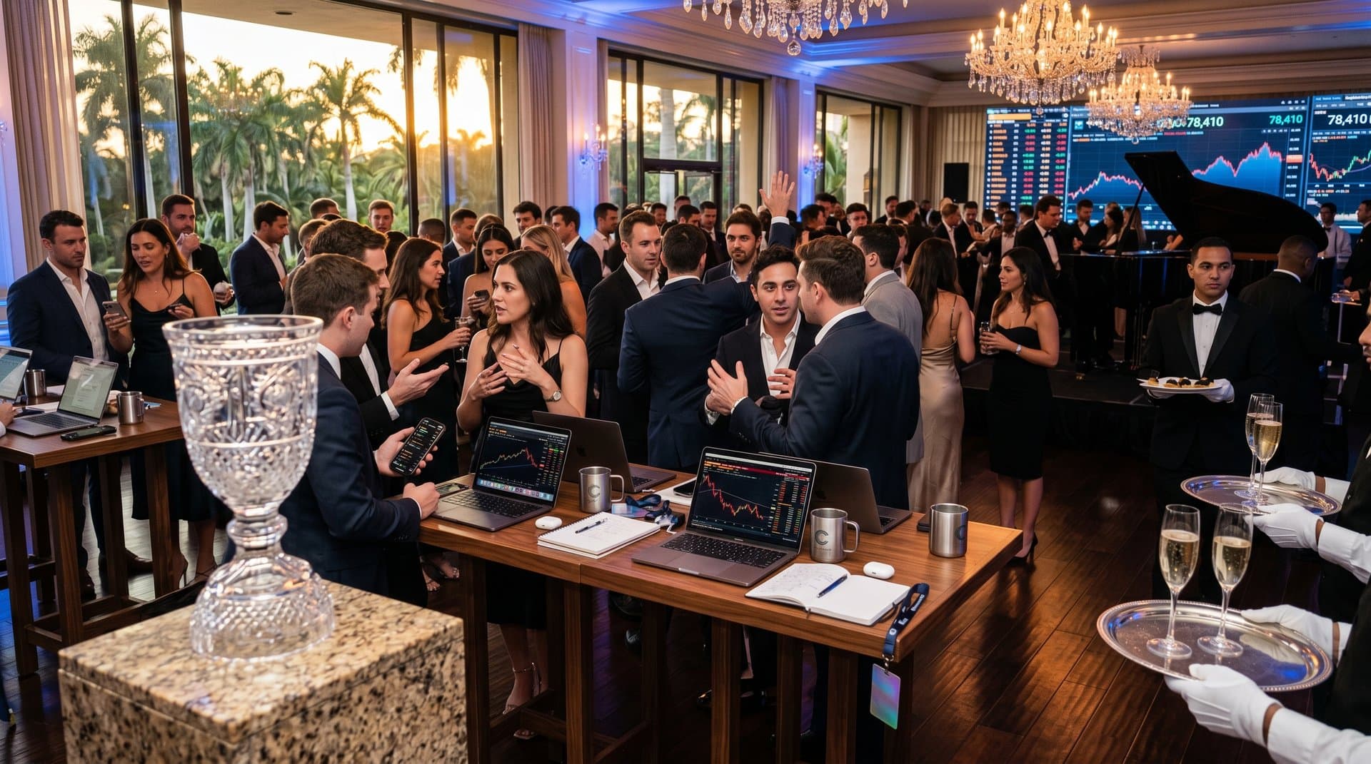 Trump Mar-a-Lago Crypto-Party: Luxus-Ballroom mit Palmen, Champagner, Laptops und Crypto-Charts in VIP-Atmosphäre