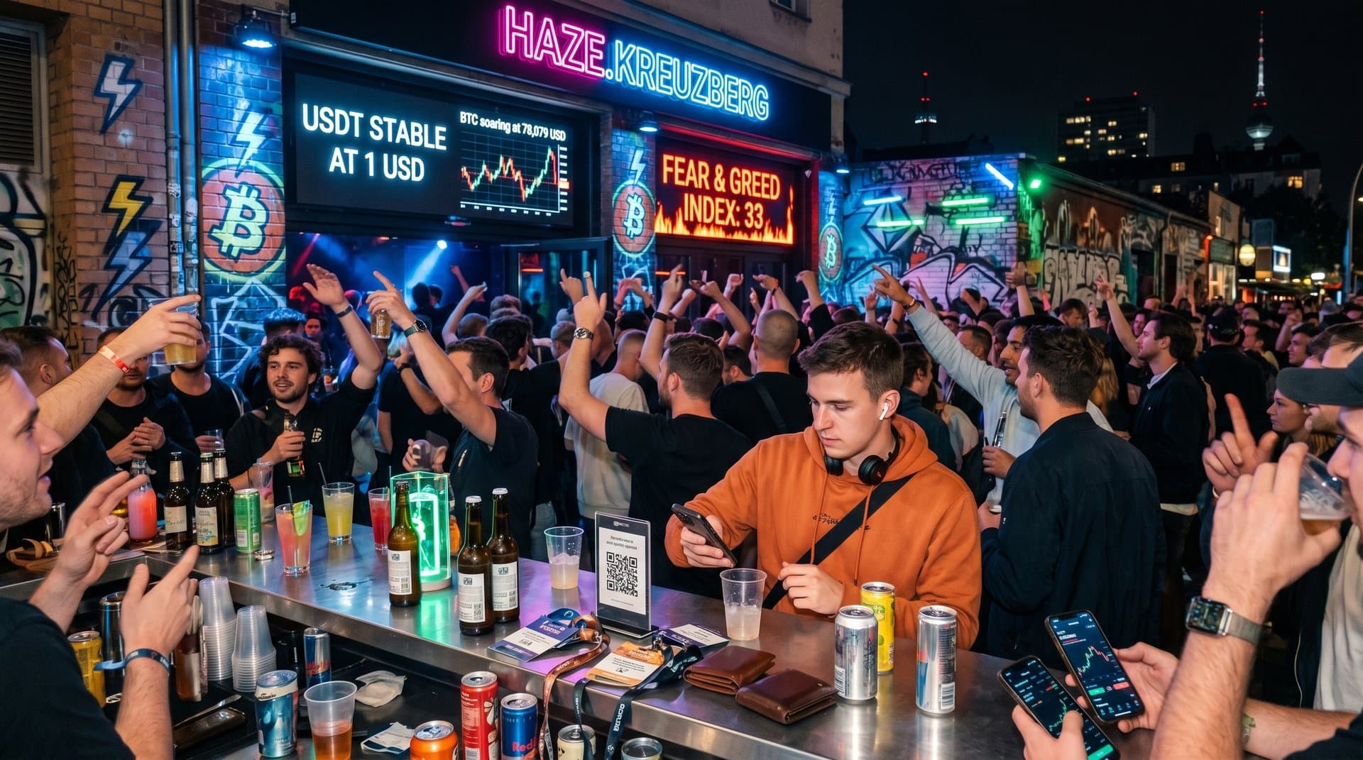 Berliner Party-Szene mit Crypto-Screens: USDT-Transfers und Charts in neonbeleuchtetem Club
