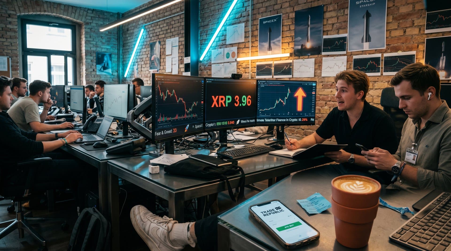 Trading-Desk mit Crypto-Charts, SpaceX IPO Crypto-News und Trade Republic-App für junge Investoren