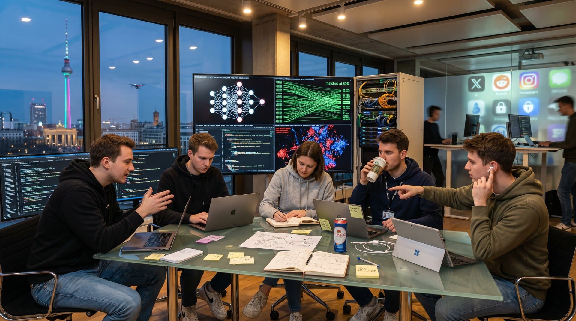 Tech-Entwickler in modernem Labor analysieren KI-Modelle zur Anonymitätsanalyse mit Heatmaps und Servern