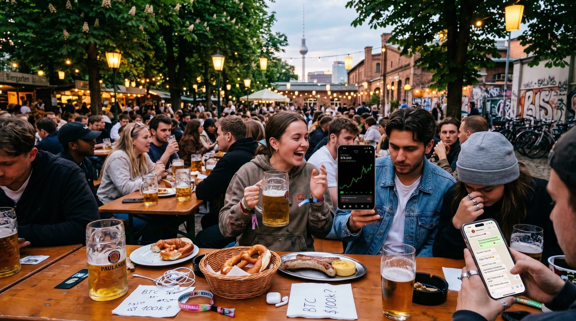 Berliner Biergarten mit jungen Leuten, Crypto-Charts auf Handys, Fear & Greed 33 und Dating-Apps sichtbar