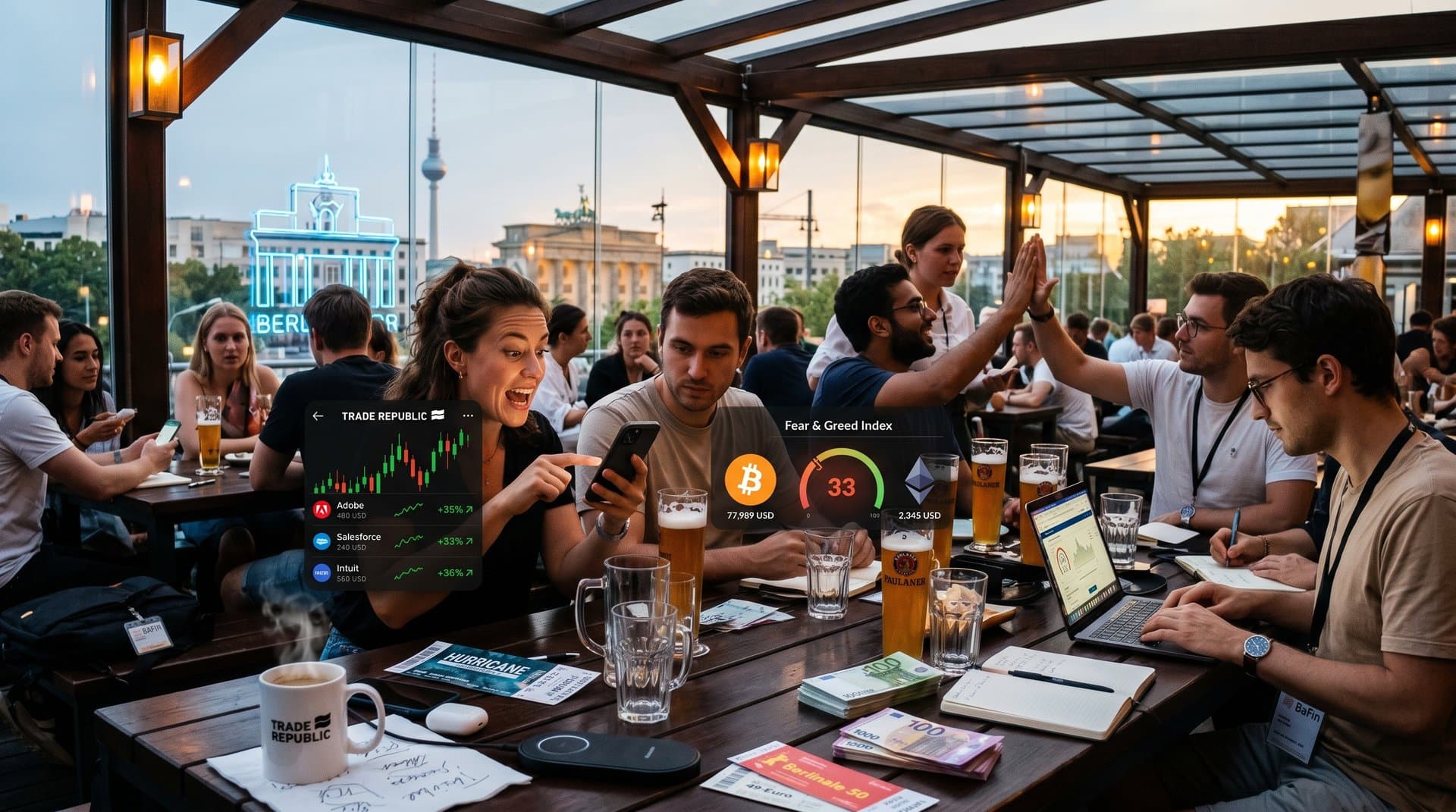 Charts von Morningstar Software-Aktien mit Festival- und Berlin-Icons auf Smartphone in neon Tech-Stil