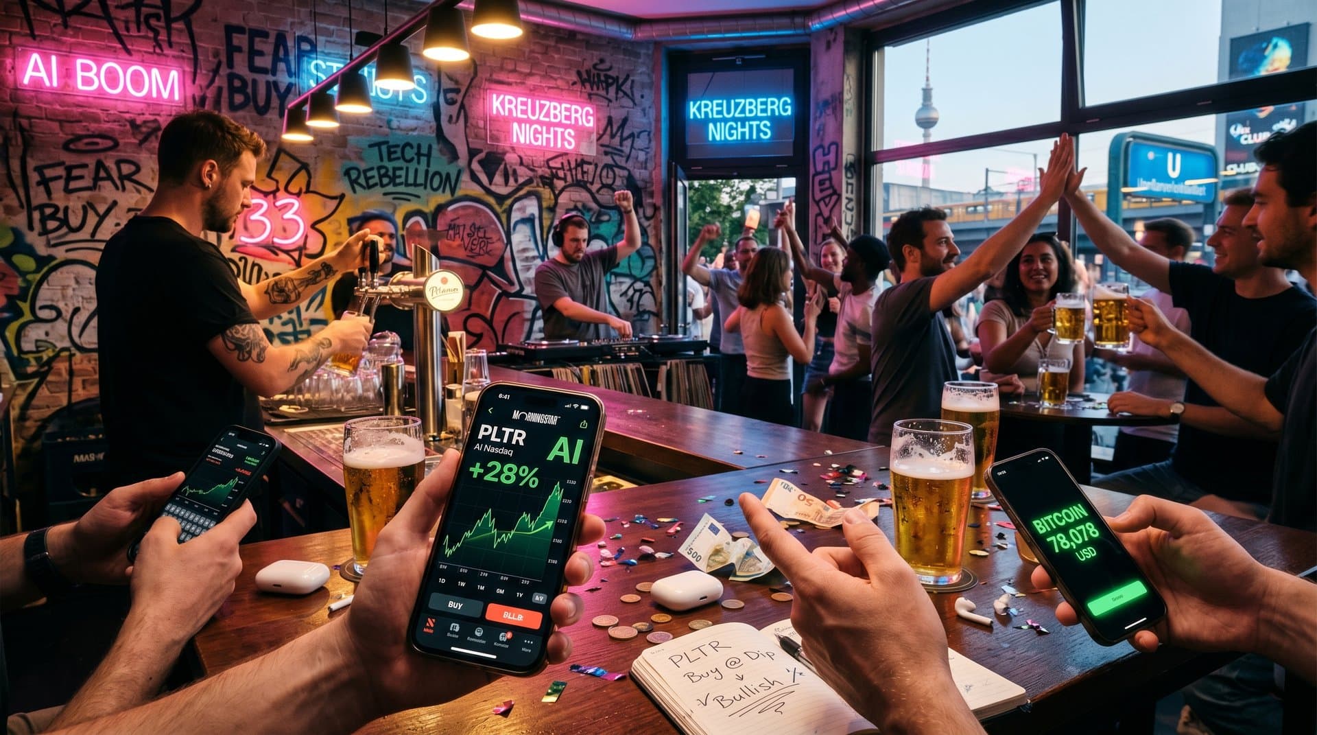 Neon-Bar in Berlin mit Smartphone-Chart der unterbewerteten AI Nasdaq Aktie Palantir und Bitcoin-Preis