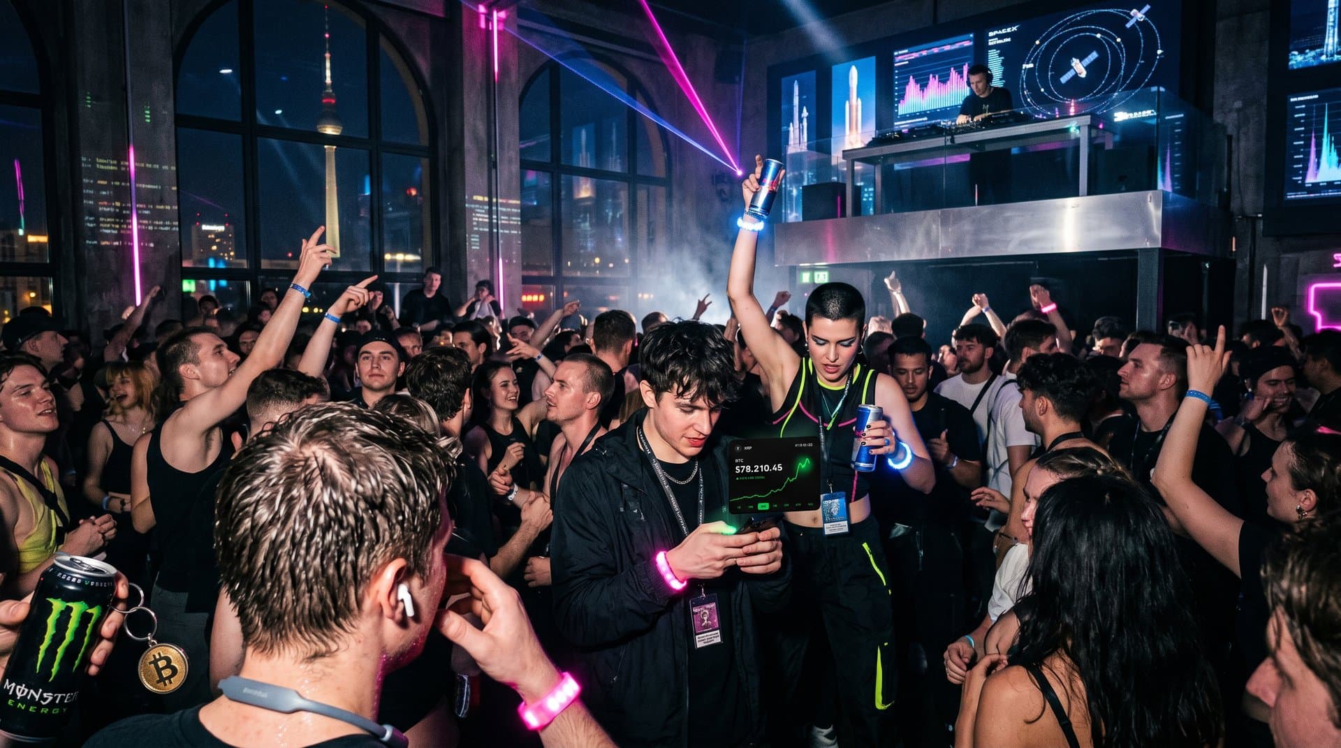 Berliner Rave mit Krypto-Charts, SpaceX-Raketen und jungen Tradern feiernd
