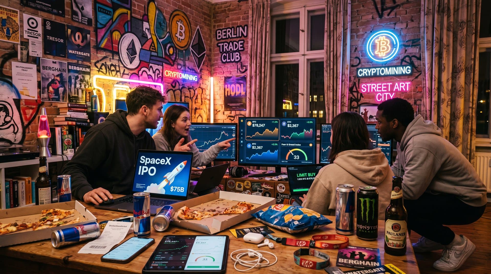 Berliner WG-Nacht: Junge Trader mit SpaceX IPO und Krypto-Charts, BTC 78.247 USD