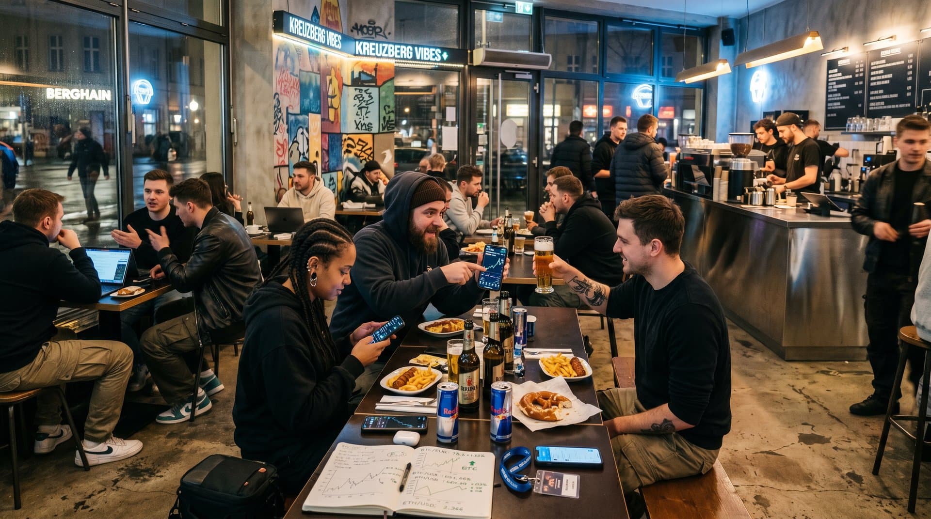 Berliner Freunde mit Crypto-Charts und SpaceX-News in Kreuzberg-Café