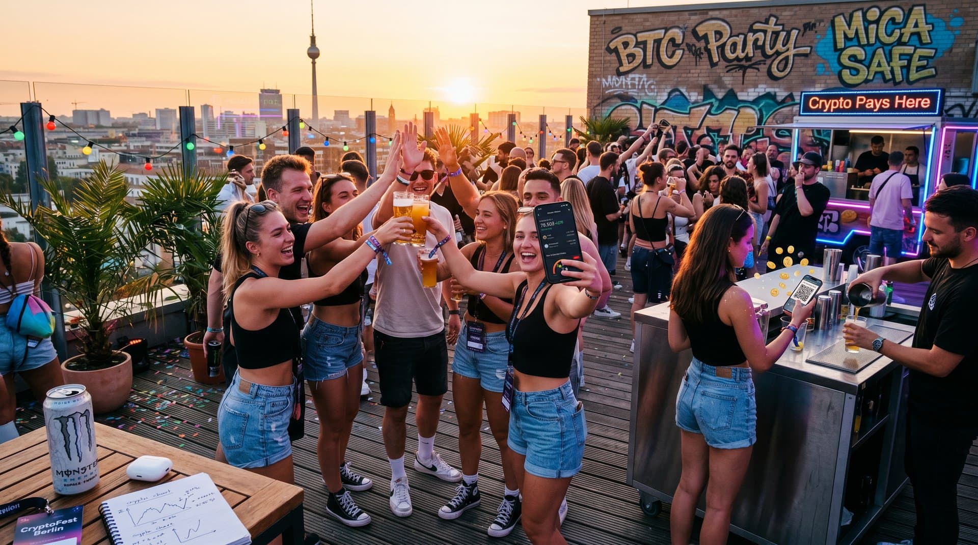 Junge Leute feiern mit Crypto-Zahlung auf Berliner Party, Bitcoin-Chart auf Handy bei 78.506 USD