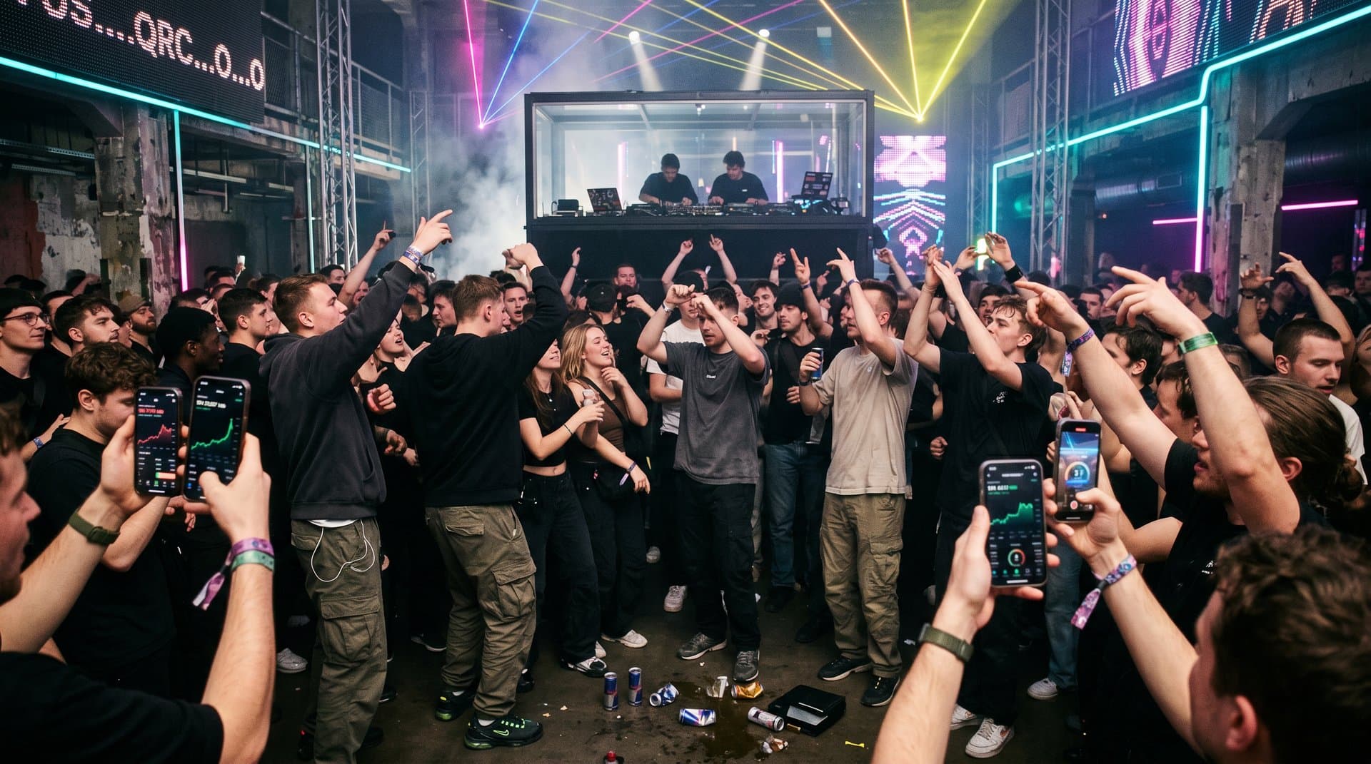 Junge Leute bei Crypto-Party in Berlin-Club mit BTC-Zahlungen und Charts bei 78.337 USD
