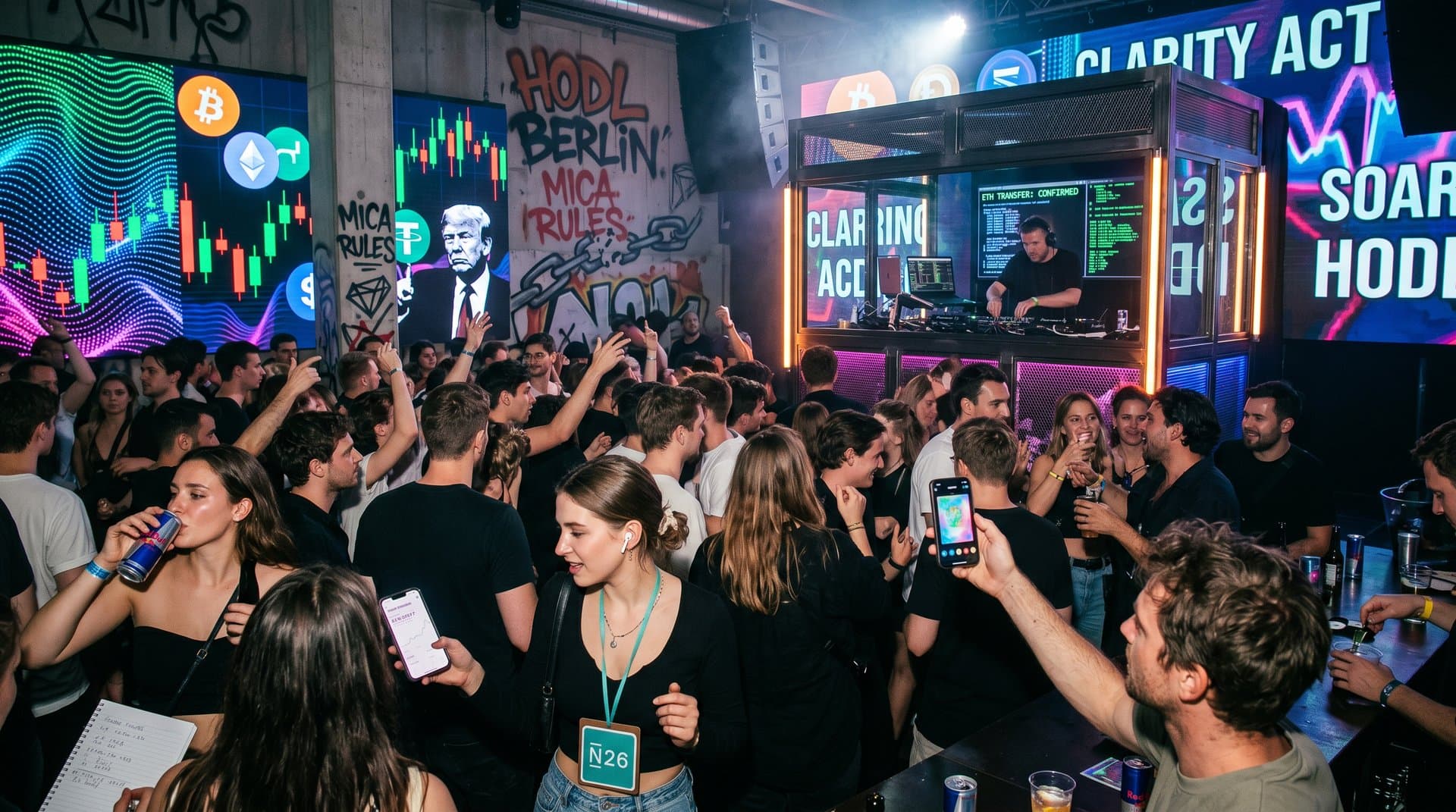 Berliner Crypto-Party in Club mit LED-Charts von BTC bei 78.797 USD, NFT-Tickets und Fintech-App-Nutzern unter Neonlichtern