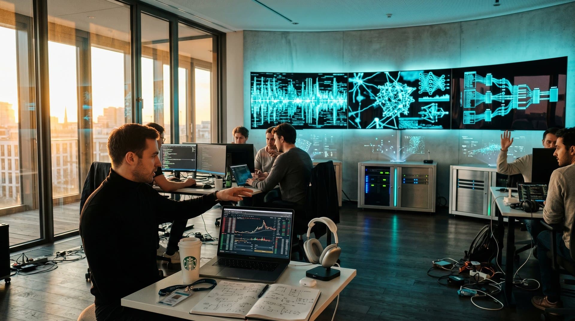 KI-Labor mit NVIDIA, Microsoft und Alphabet-Technologien, junger Investor mit Dating- und Event-Apps