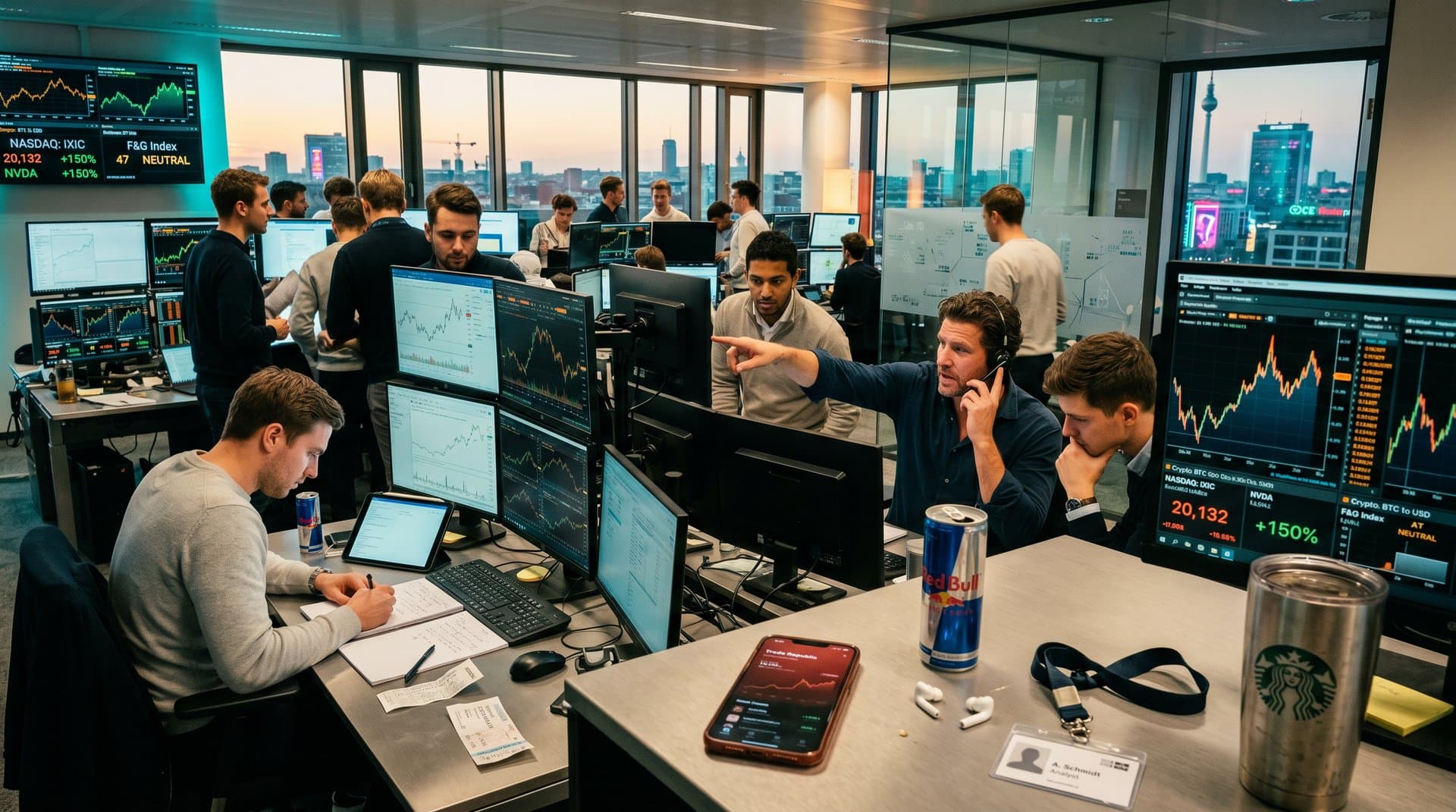 Junge Trader checken AI-Aktien und Nasdaq-Charts in urbanem Fintech-Setup mit Berlin-Vibes