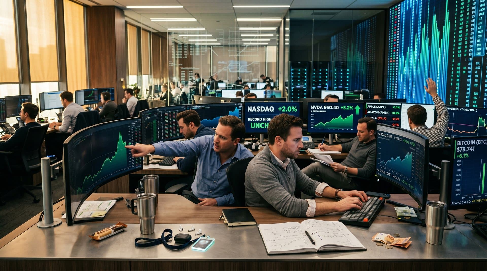 Trading-Monitore mit Nasdaq-Rekordhoch-Charts 2% entfernt, AI-Tickern, Fear & Greed 47 und Crypto-Preisen in grüner Aufwärtstendenz