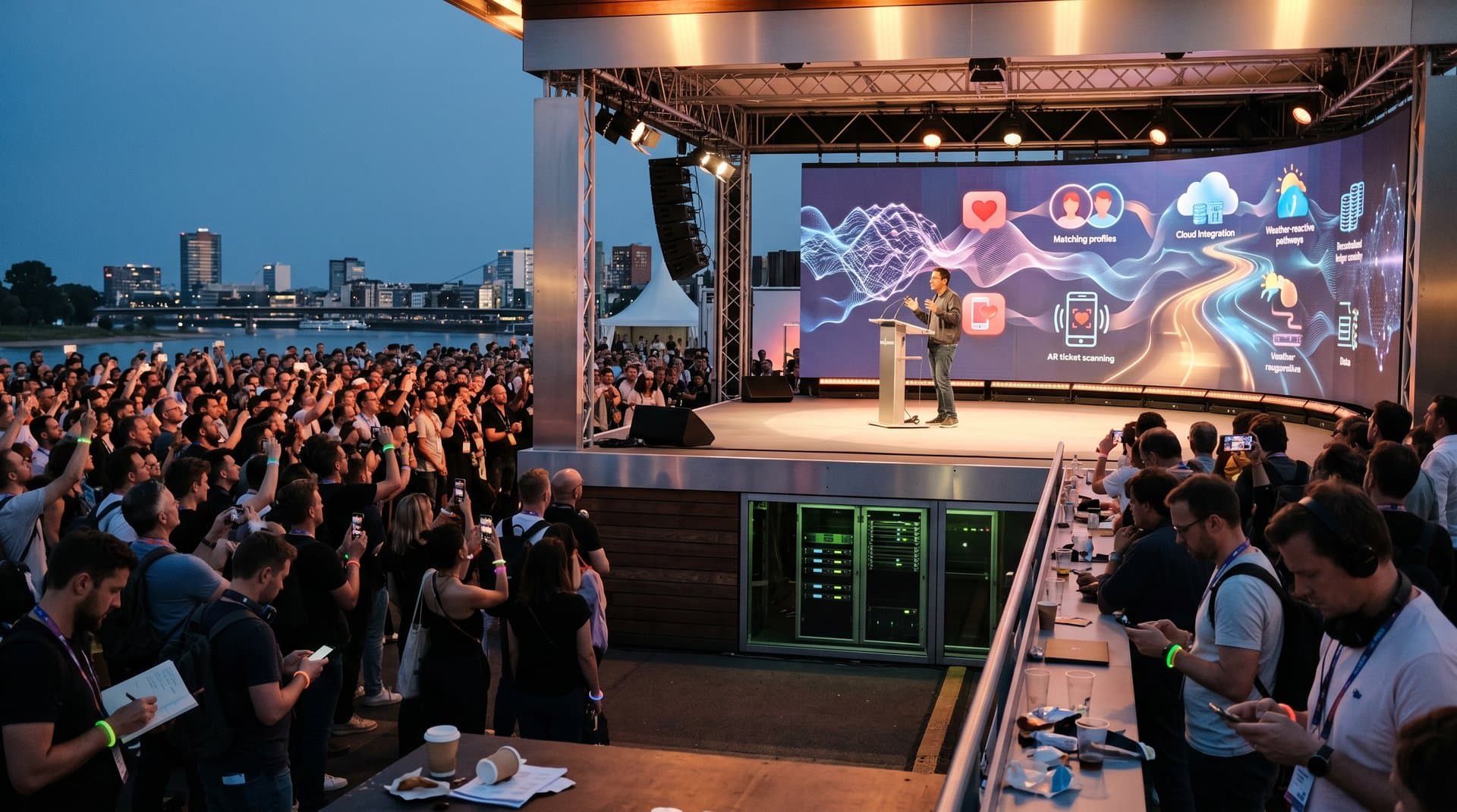 Abstrakte KI-Visuals von Google Cloud: Netzwerke verbinden Festivals, Dating und Reisen in digitaler Stadt