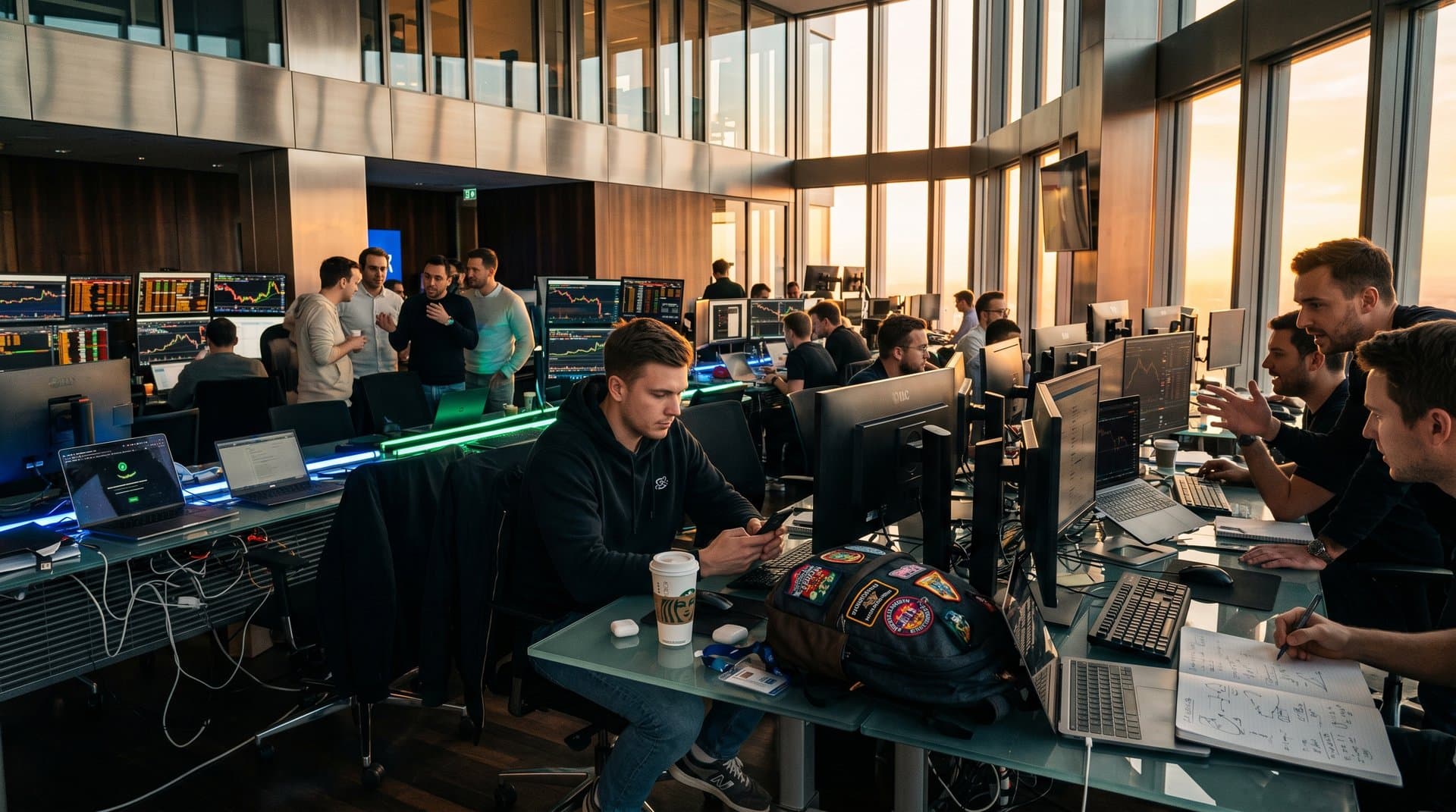 Junger Deutscher mit Krypto-App und Festival-Tickets in Fintech-Büro vor Charts zum CLARITY Act