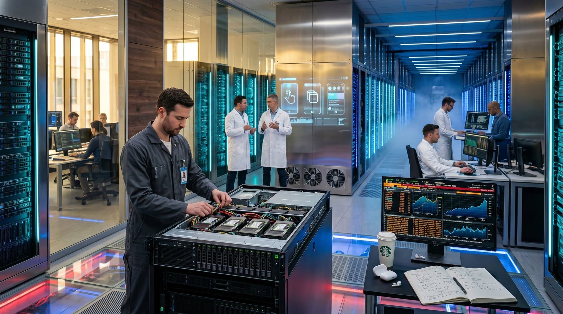 Leuchtende Server-Racks mit HBM-Speichermodulen und Bloomberg-Terminal in modernem Data-Center