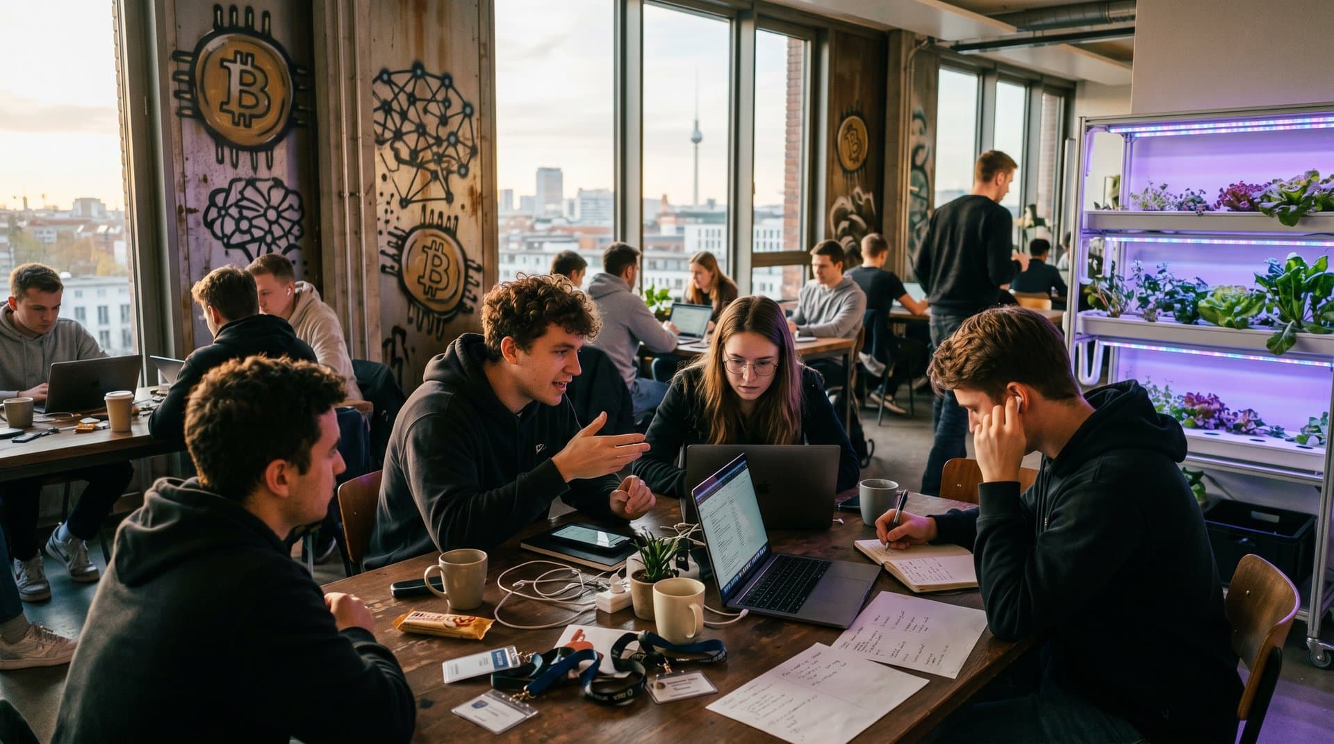 Junge Investoren mit Halbleiter-ETF-Charts und AI in Berlin Coworking (58 Zeichen)