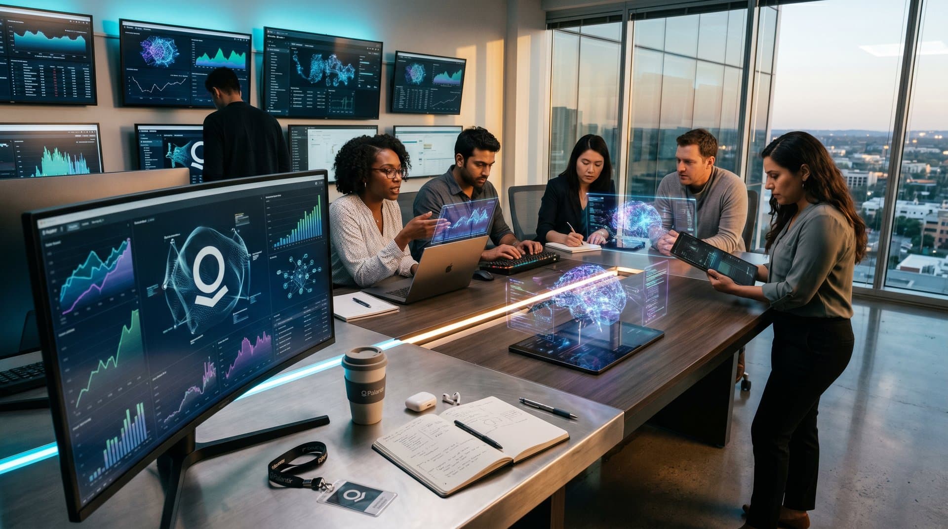 Futuristisches KI-Datenanalyse-Center mit Palantir-AIP-Visualisierungen und Wachstumsgrafiken