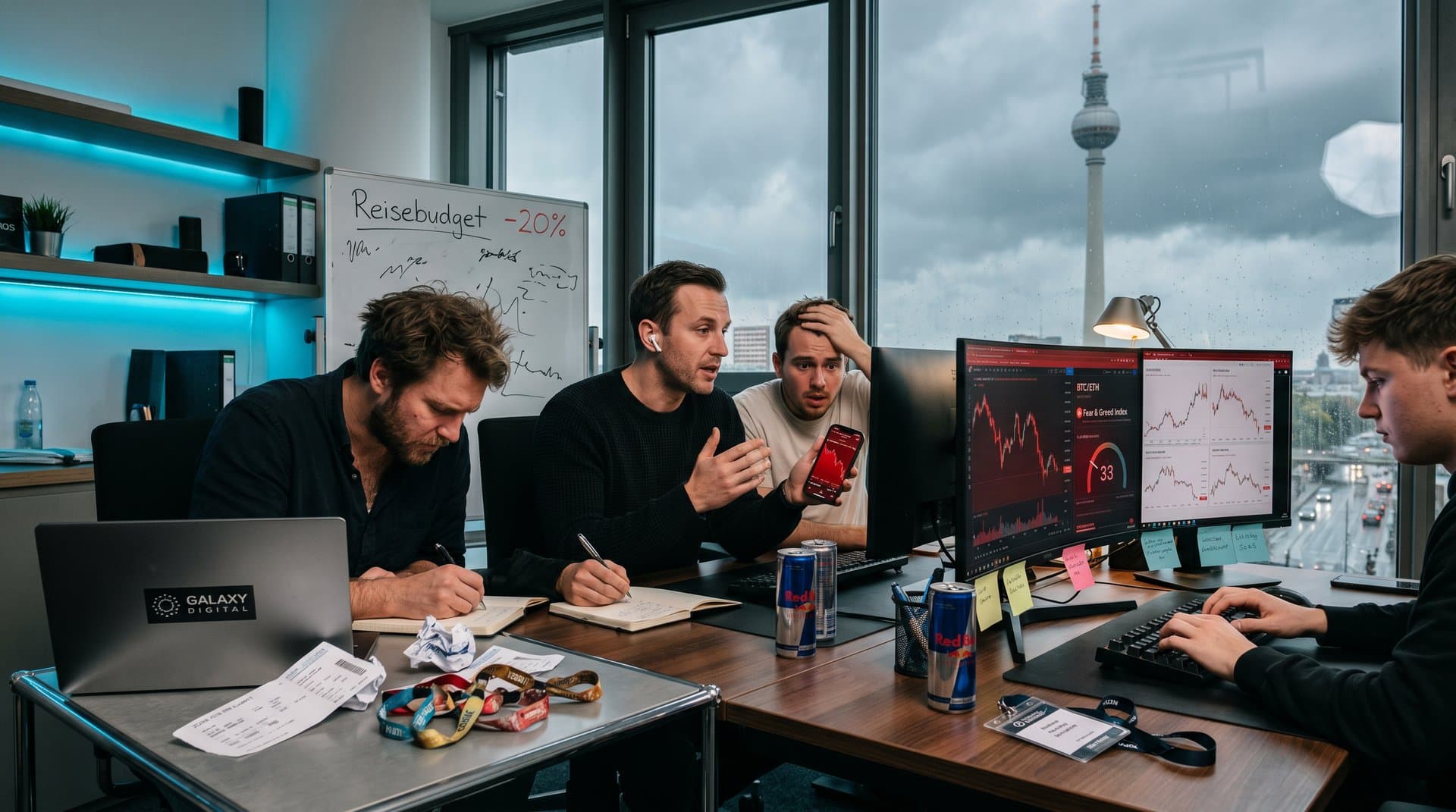 Rote Krypto-Charts auf Monitoren in Berliner Trading-Station, zerknüllte Reise-Tickets, Galaxy Digital-Logo und Fear & Greed Index