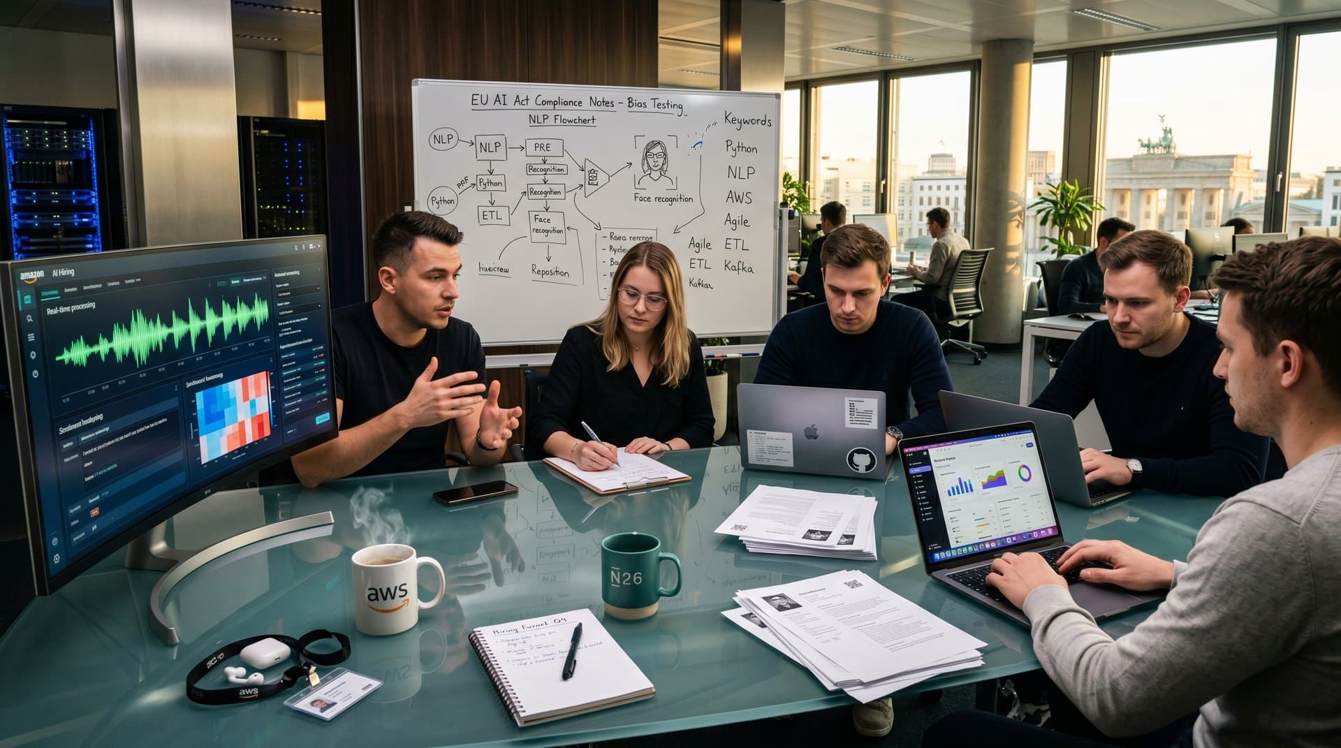 Tech-Büro mit KI-Einstellungssoftware, Video-Interviews und Analyse-Tools für junge Bewerber