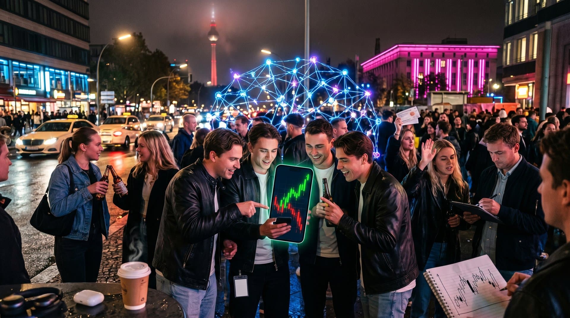 Futuristische KI-Charts über Berlin-Nachtleben mit Freunden und Investitions-Apps