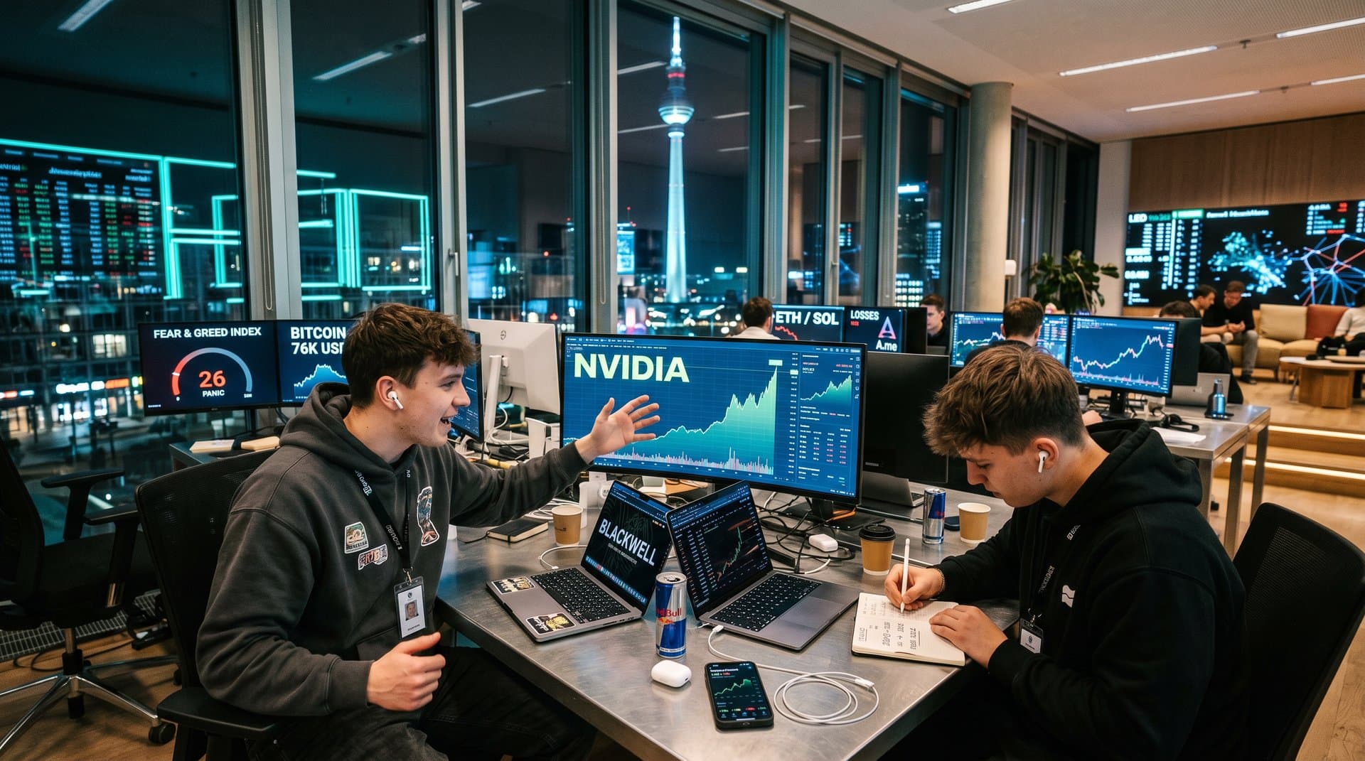 Monitore mit Nvidia KI-Aktie-Charts, Fear & Greed Index und Trade Republic App in modernem Berliner Büro