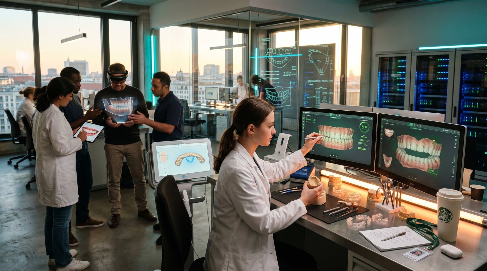 Moderne Dental-CAD-Workstation mit 3D-Scans, KI-Monitoren und Smile-Designs in high-tech Labor