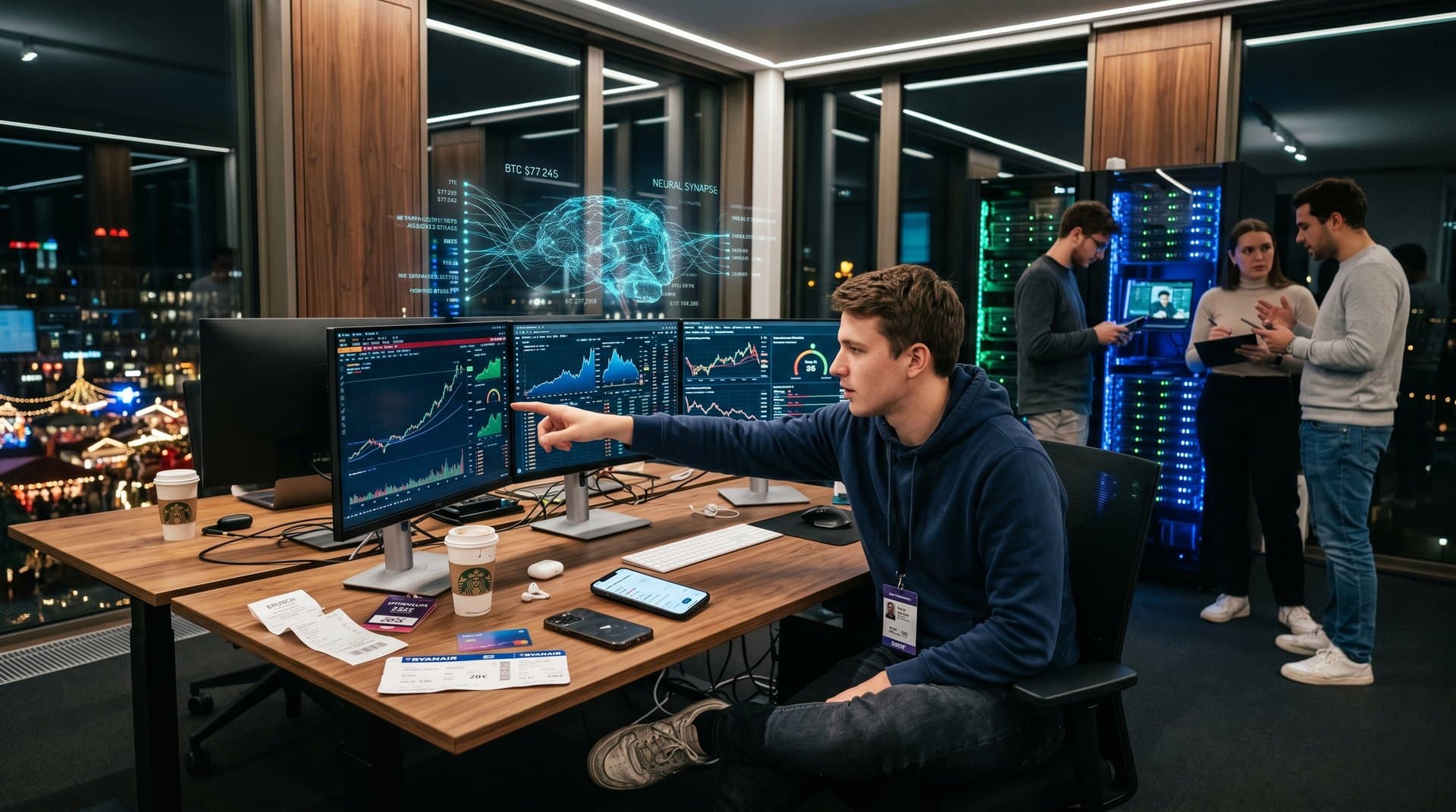 Futuristisches KI-Labor mit neuronalen Netzwerken auf Monitoren und GPU-Servern im modernen Tech-Center