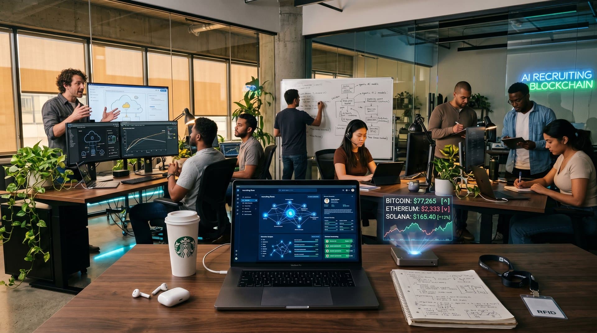 Junge Entwickler in Amazon AWS-Büro mit agentischer KI-Visuals, Crypto-Charts und Team-Diskussion