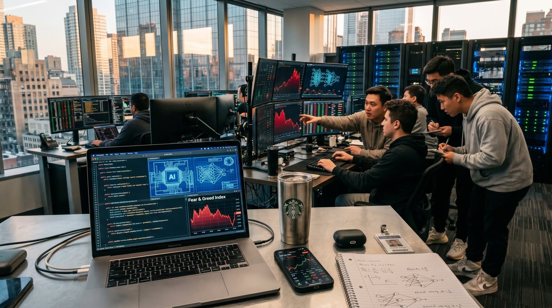 Tech-Büro mit Laptops, Börsencharts, KI-Grafiken und Trading-Apps