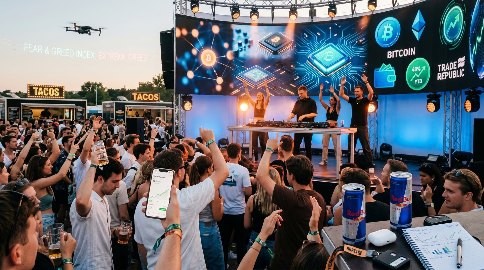 Festival mit AI-LED-Wänden, junger Investor checkt ETF-App inmitten tanzender Crowd bei Sonnenuntergang