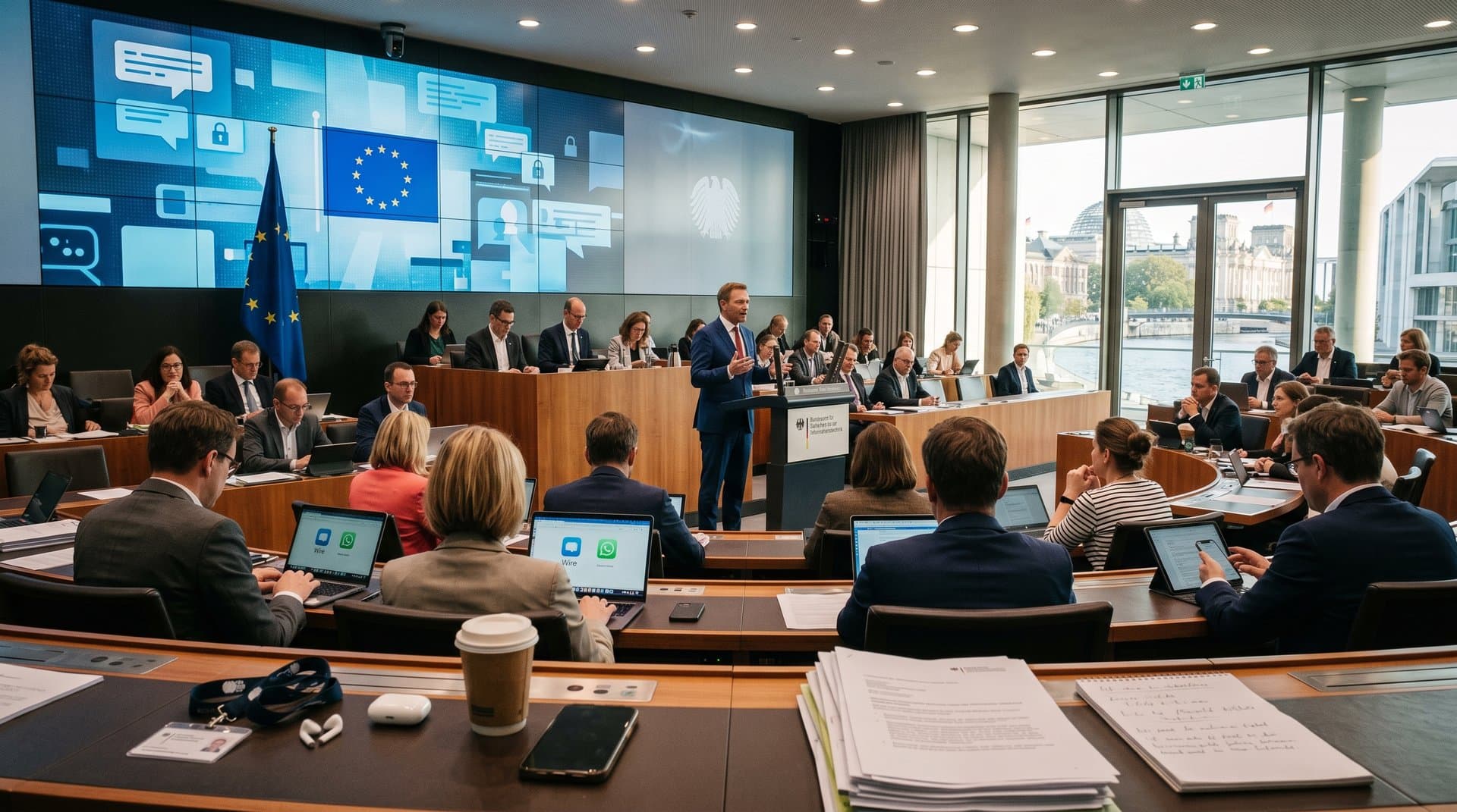 Bundestagsplenum mit Wire-App auf Laptops, LED-Wand mit Verschlüsselungssymbolen und EU-Flagge