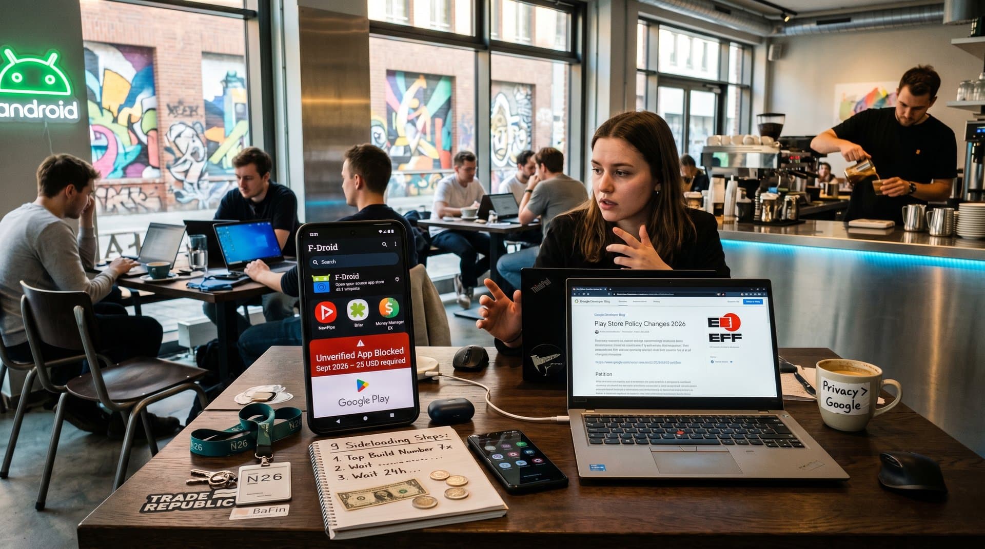 Android-Smartphone mit F-Droid-Warnung, Laptop, Sideloading-Notizen und Fintech-Elementen in Berliner Tech-Café